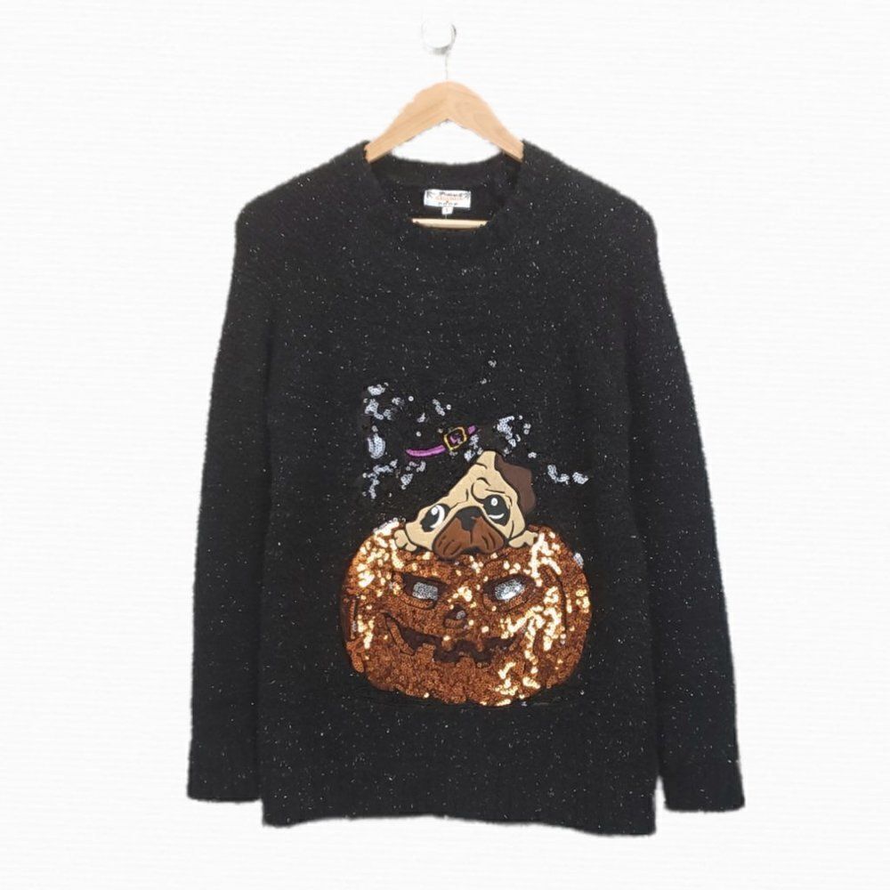 NEW Poof Pug & Pumpkin Sequin Trick or Treat Halloween Pullover Sweater H-0208a